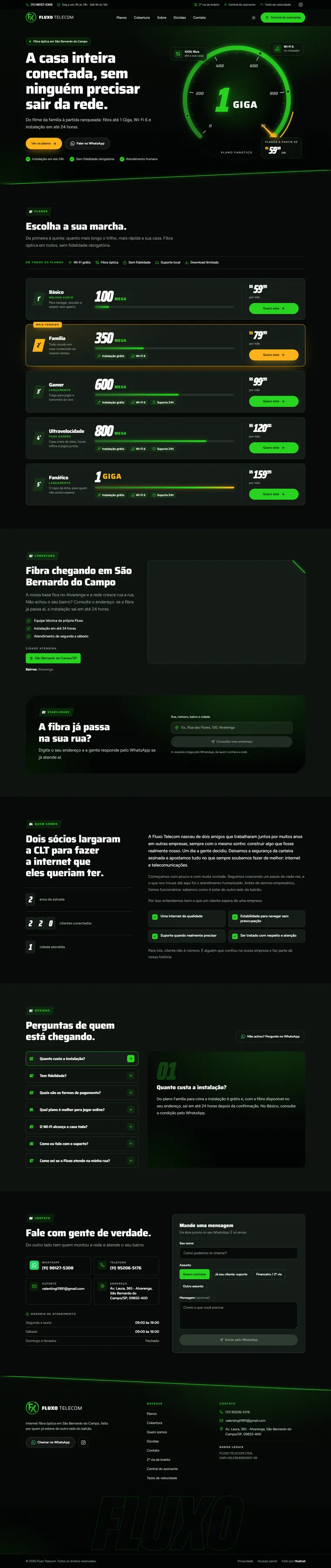 Site do provedor de internet Fluxo Telecom criado pela Hostcel